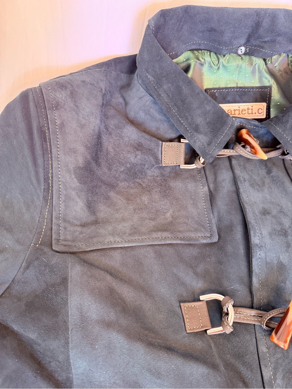 Men's Forest Green Suede Toggle Coat - Picture 15 of 15